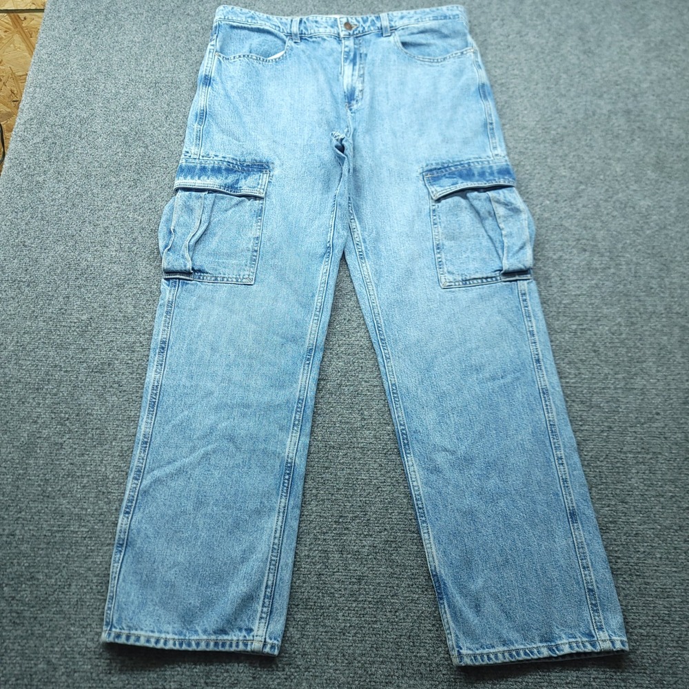 Guess Mens Light Wash Denim Cargo Jeans Straight Leg Utility Pants Size 34